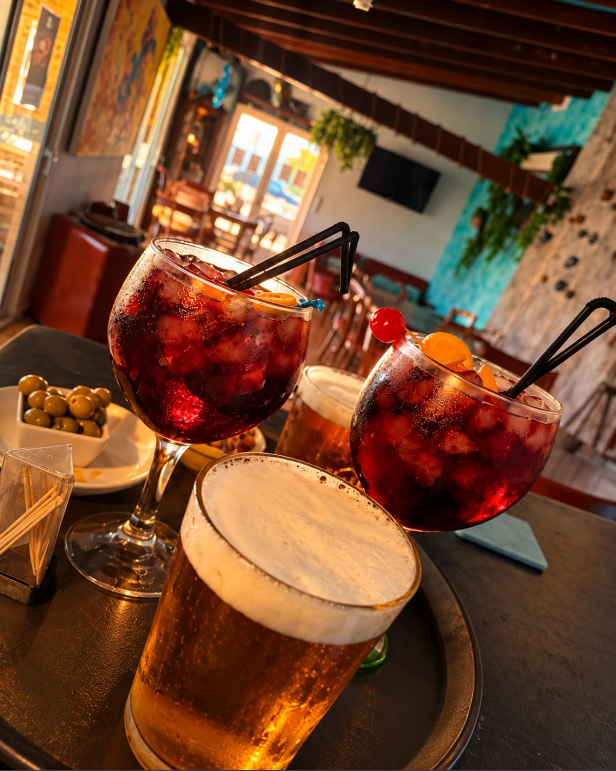 Cócteles de autor preparados en la barra del bar junto a la piscina, Pool Bar restaurante en Benidoleig, Marina Alta